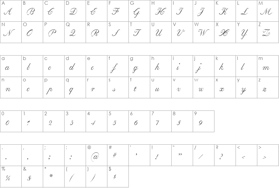 Baronesse font character map preview