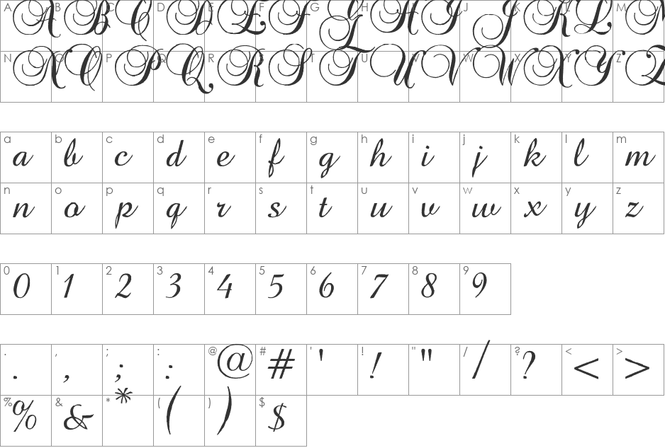 Baroque Antique Script font character map preview