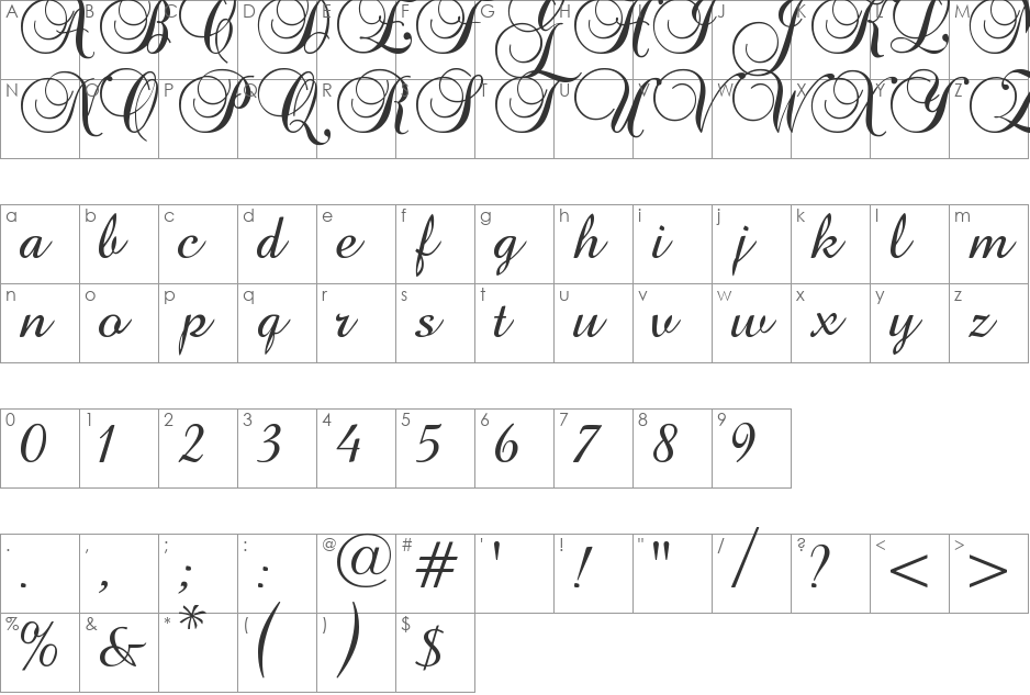 Baroque Script font character map preview