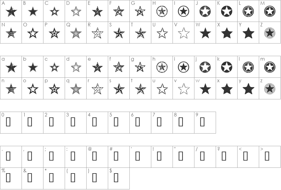 Seeing Stars font character map preview