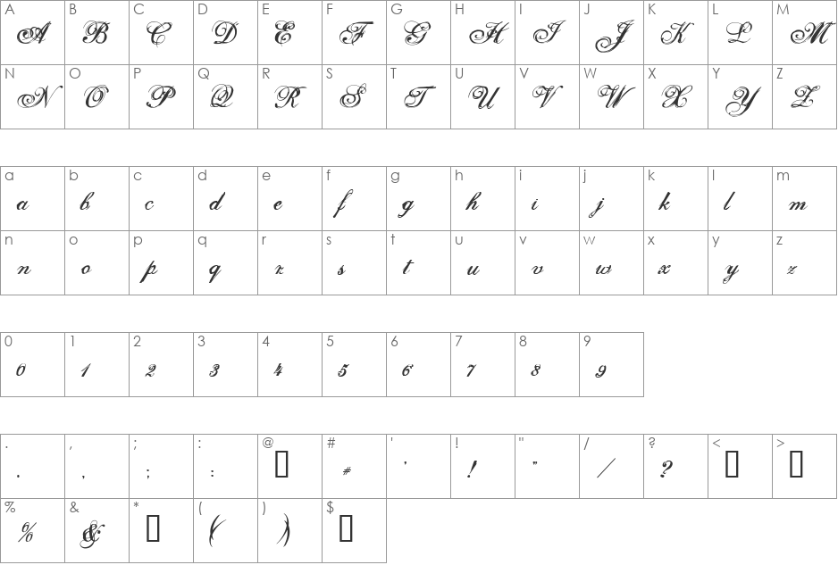 Selfish font character map preview