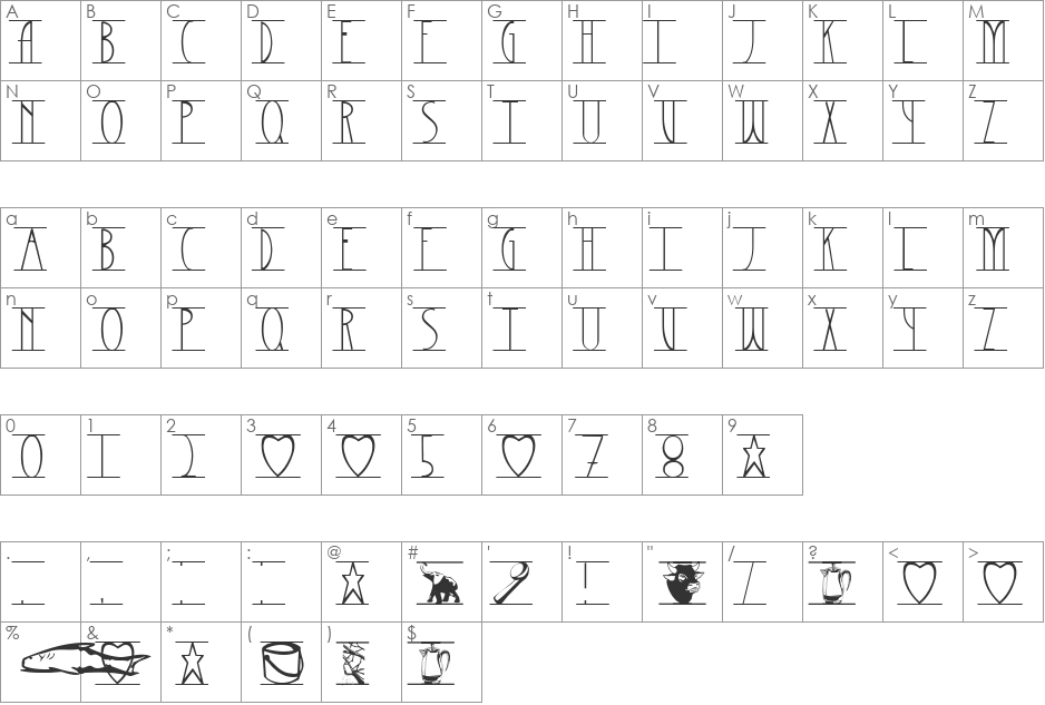 BarrettSuspended font character map preview