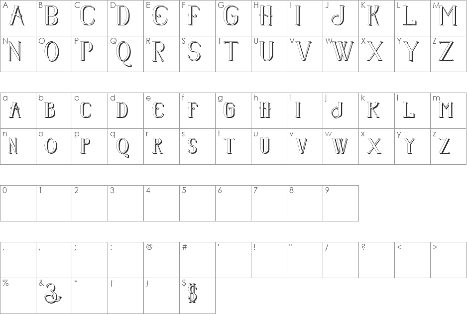 Senandung Malam Shadow font character map preview
