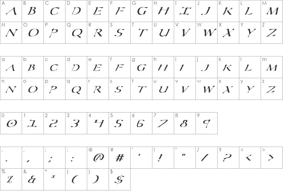 Sever Italic font character map preview
