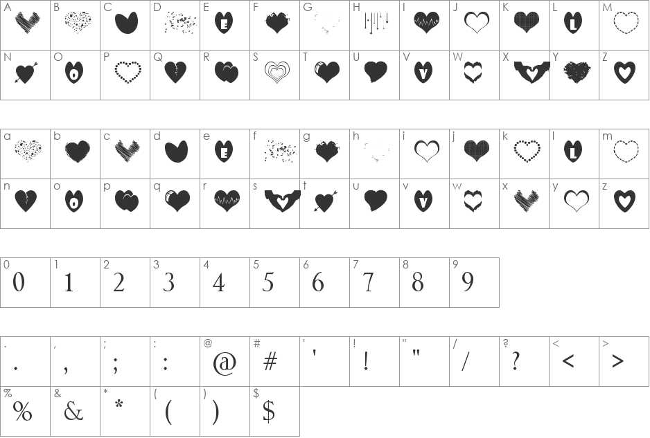 Sexy Love Hearts font character map preview