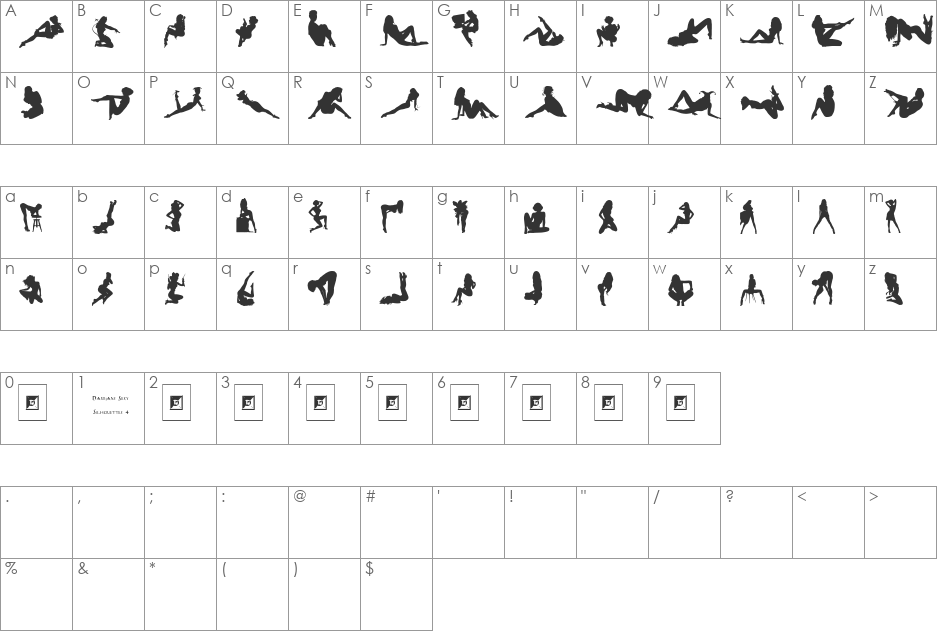 Sexy Silouette Stencils font character map preview
