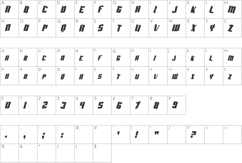 SF Aftershock Debris Condensed font character map preview