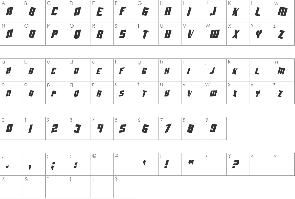 SF Aftershock Debris CondSolid font character map preview