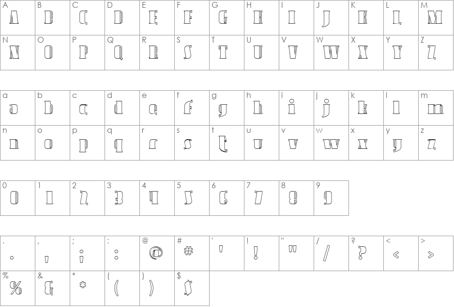 SF Avondale Outline font character map preview