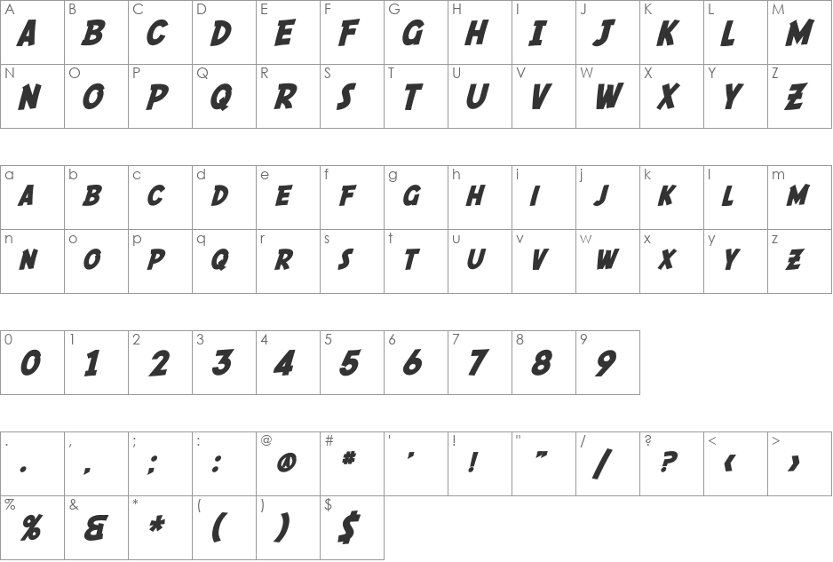 SF Comic Script Shaded font character map preview