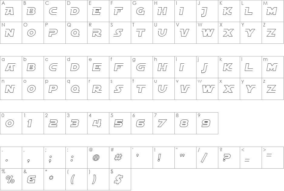 SF Distant Galaxy AltOutline font character map preview