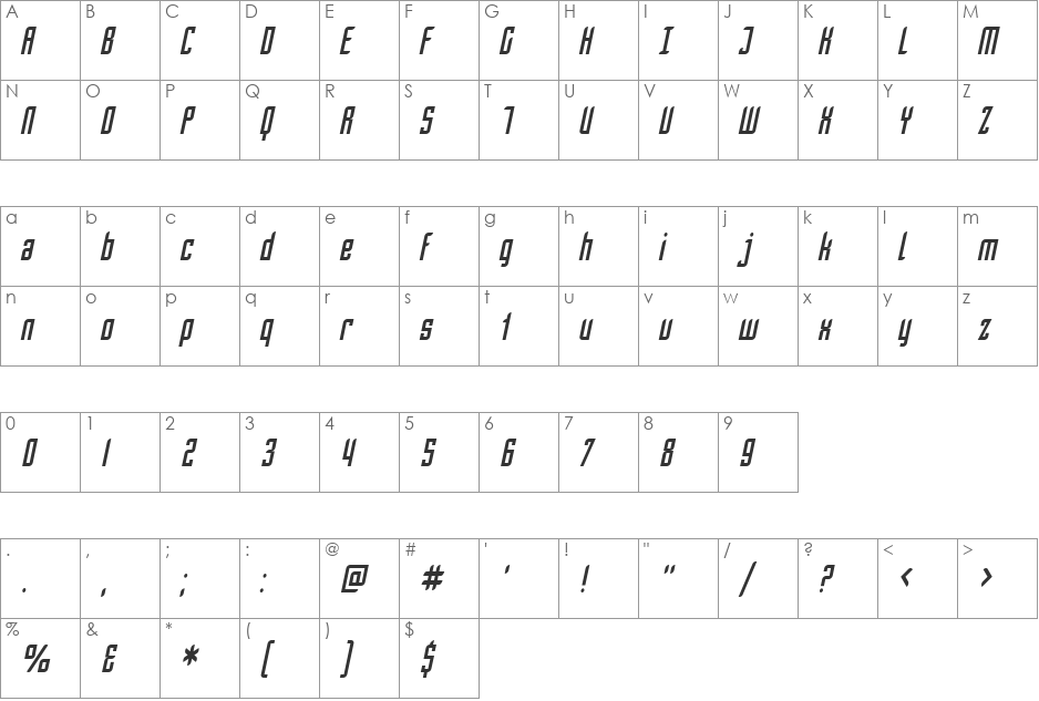 SF Piezolectric Condensed font character map preview