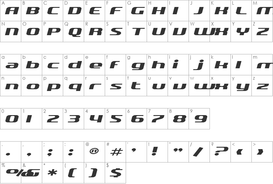 SF Quartzite Extended font character map preview