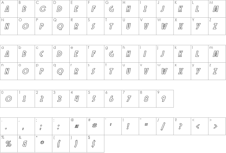 SF Speakeasy Outline font character map preview