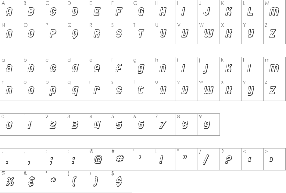 SF Speedwaystar Shaded font character map preview