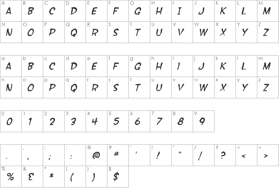 SF Wonder Comic font character map preview
