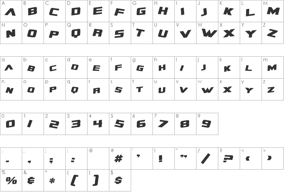 SF Zero Gravity font character map preview