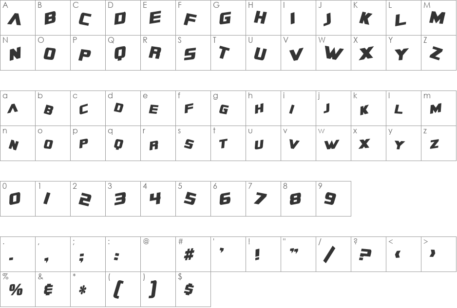 SF Zero Gravity Condensed font character map preview