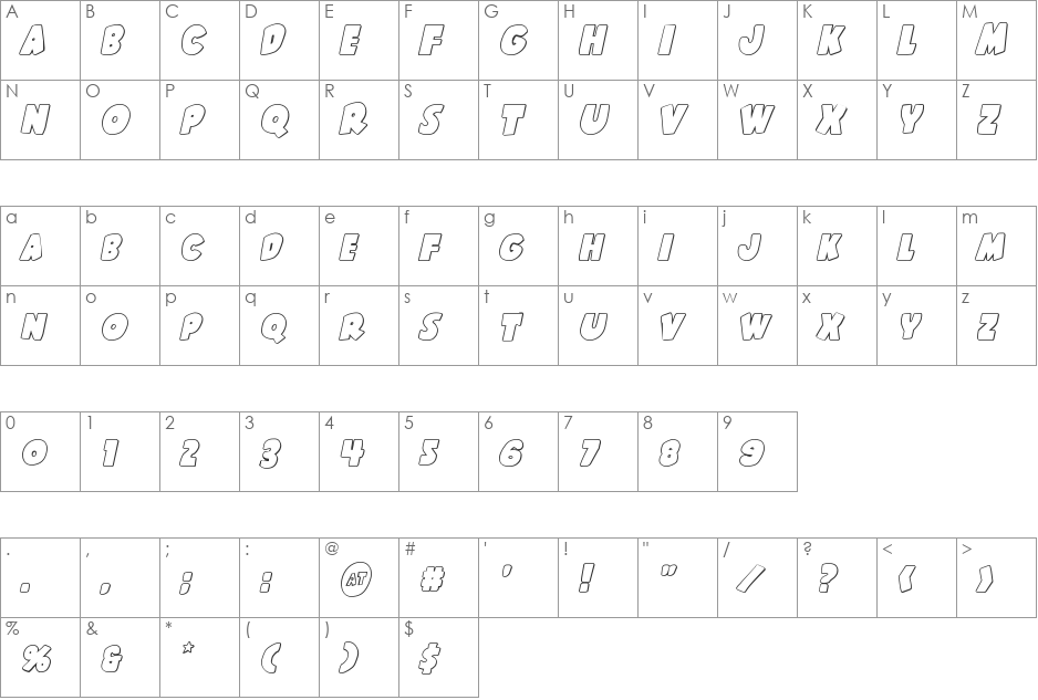 Shablagoo Outline Italic font character map preview