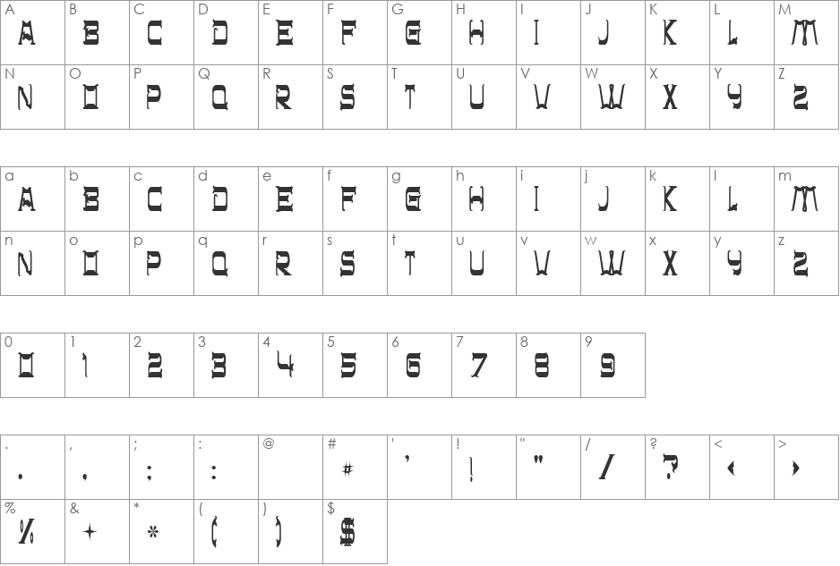 Shackles font character map preview