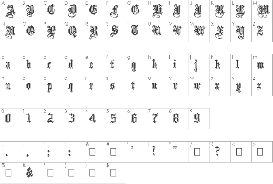 ShadowedBlack font character map preview