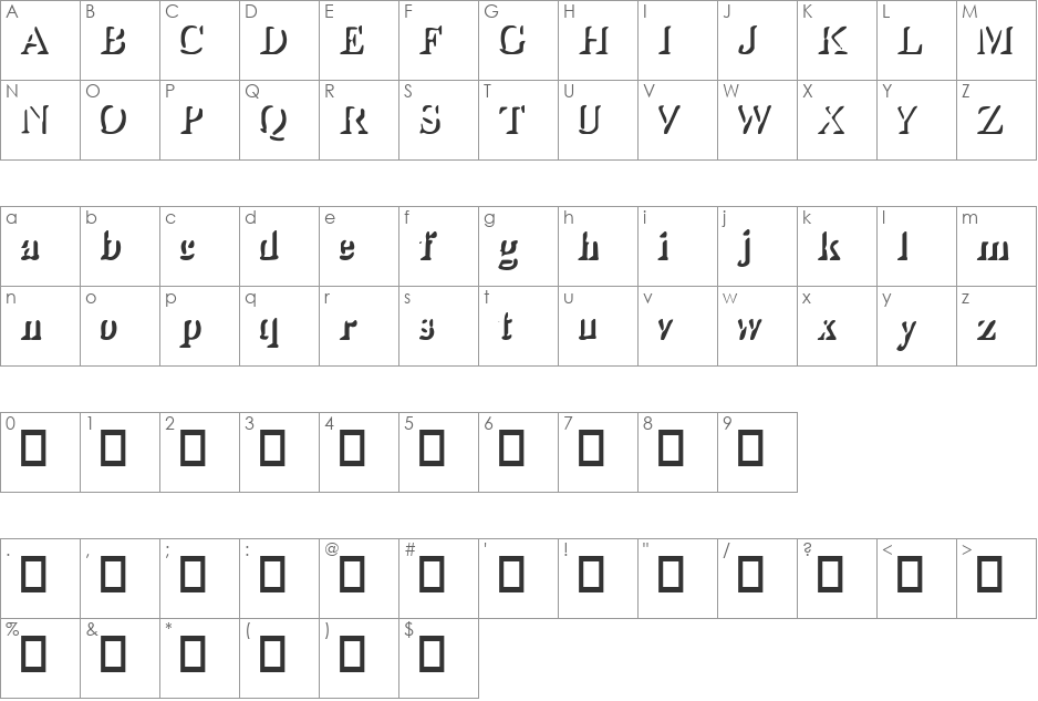 Shady Lady font character map preview