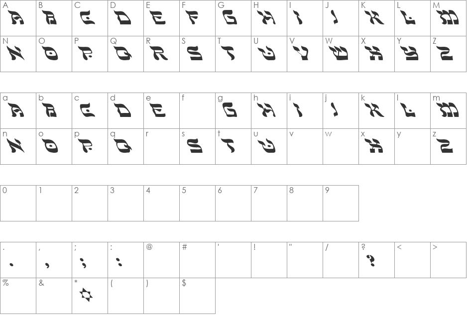 Shalom-Light Extreme Lefties font character map preview