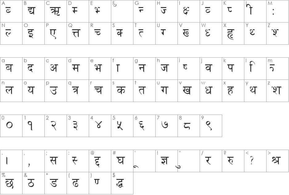Shangrila Hybrid font character map preview