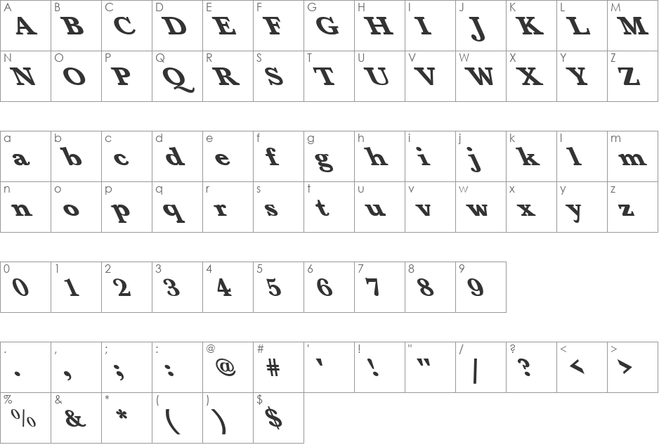 Baskerville-Bold Extreme Lefty font character map preview