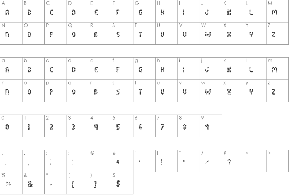 Shattered Pixels font character map preview