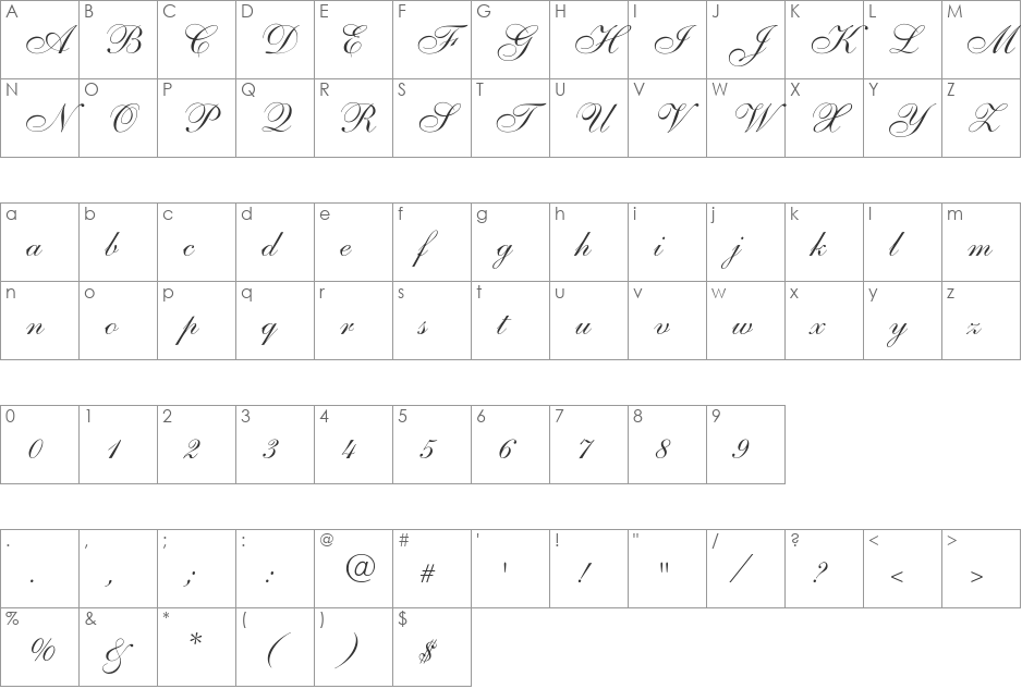 Shelley-AllegroScript font character map preview
