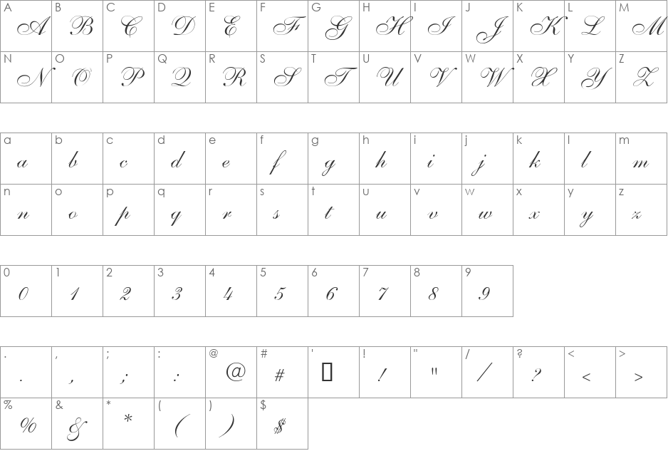 ShelleyAllegroScript font character map preview