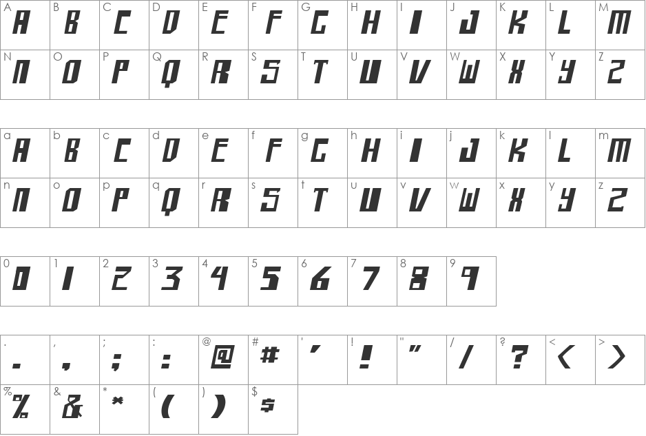 shellhead font character map preview