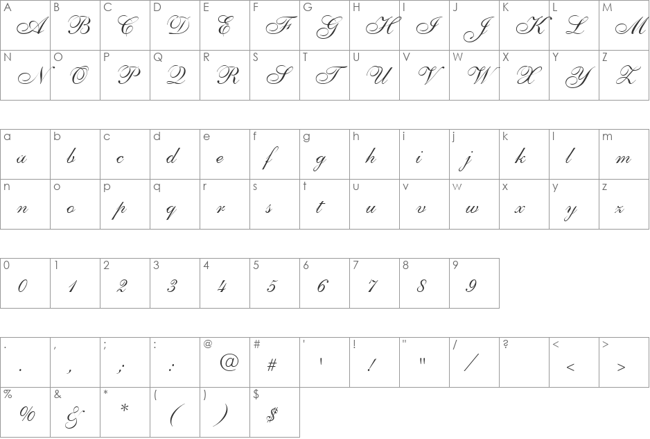 ShellyAllegroC font character map preview