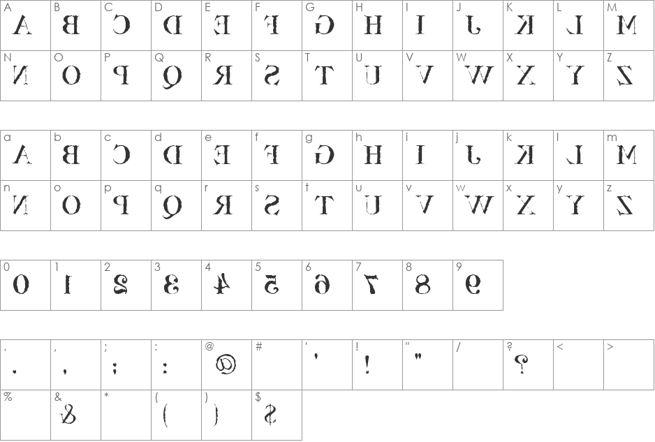 Bassackwards font character map preview