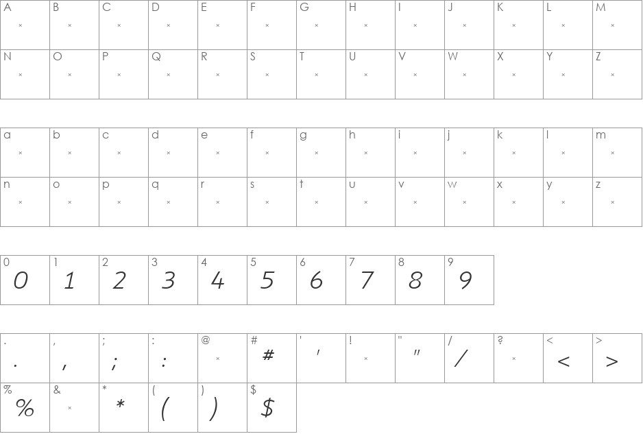 ShinnLightItalicTab font character map preview