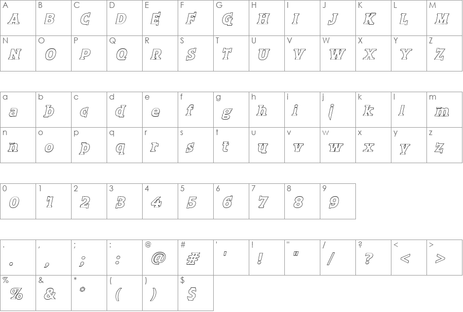 ShirtLettersItalicsHollow font character map preview