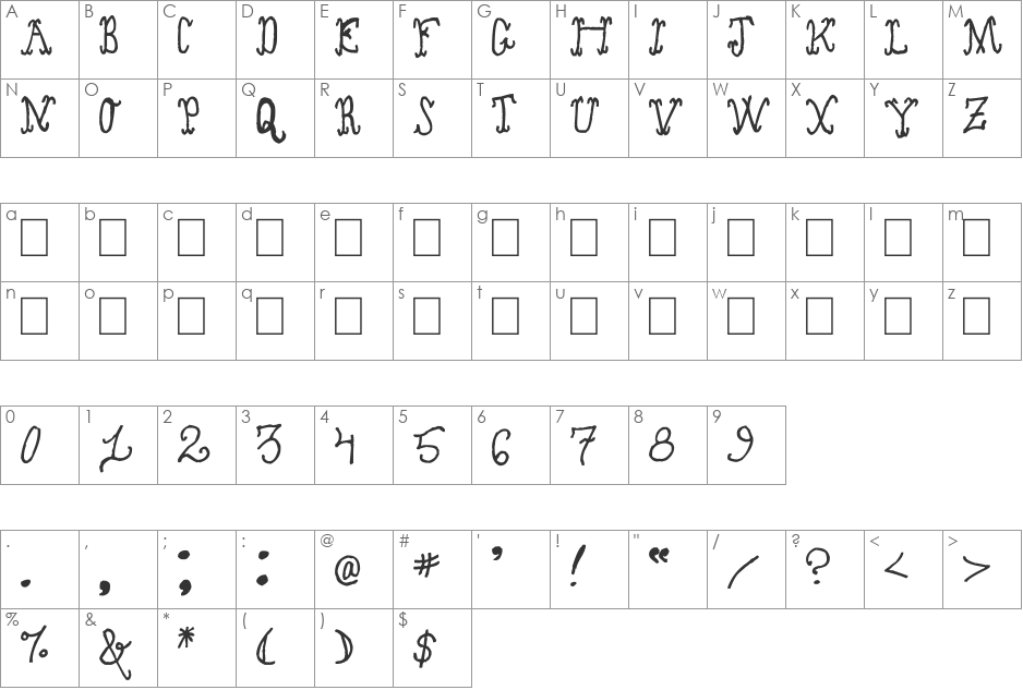 Shirtsy font character map preview
