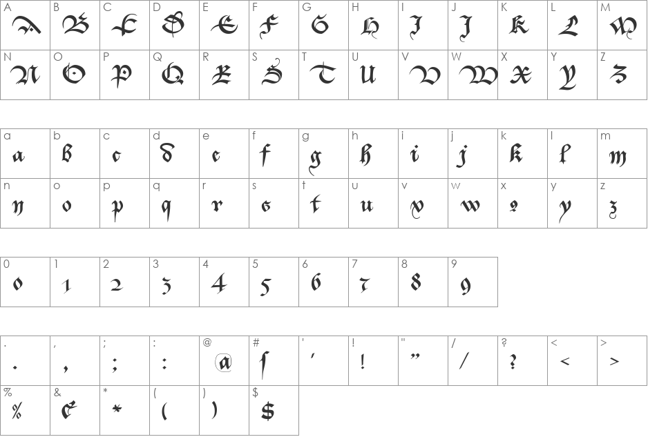 Bastarda-K font character map preview