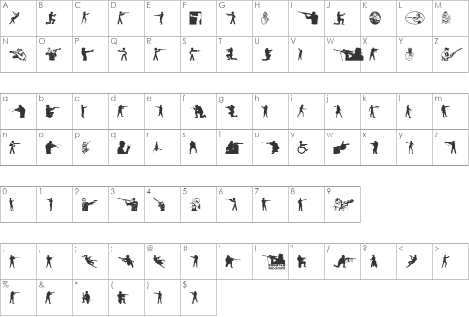 Shooter font character map preview