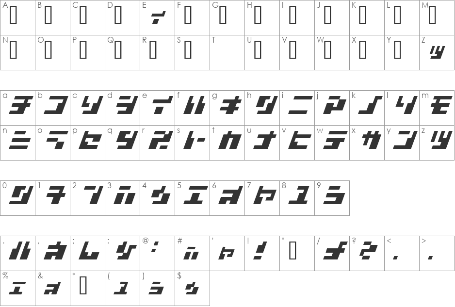 ShortPart font character map preview