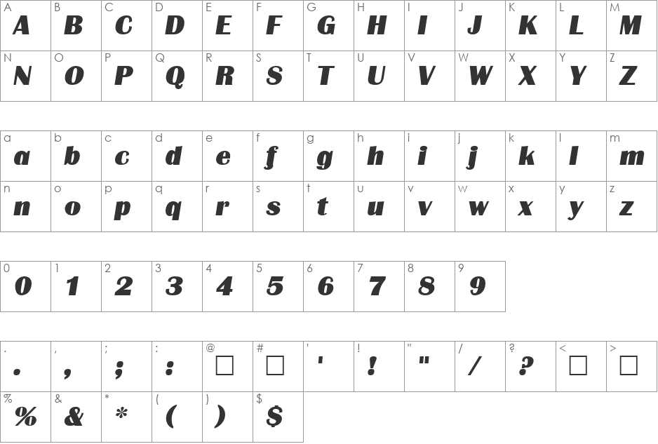 BastionItal font character map preview