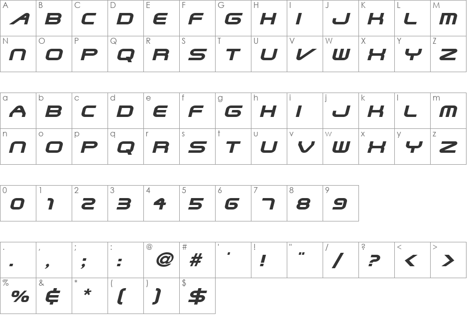 Shuttle-Extended font character map preview