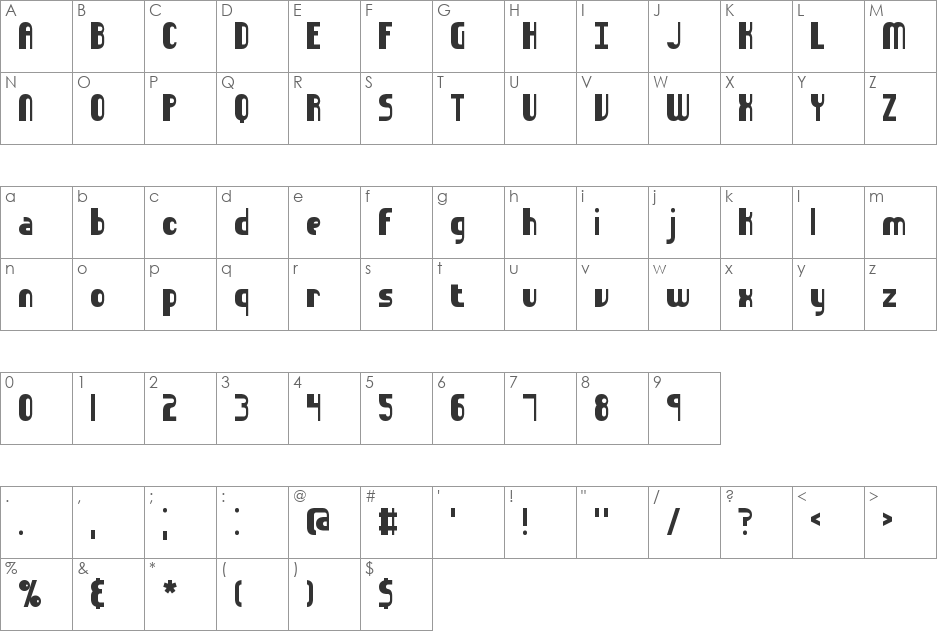 Sideways BRK font character map preview
