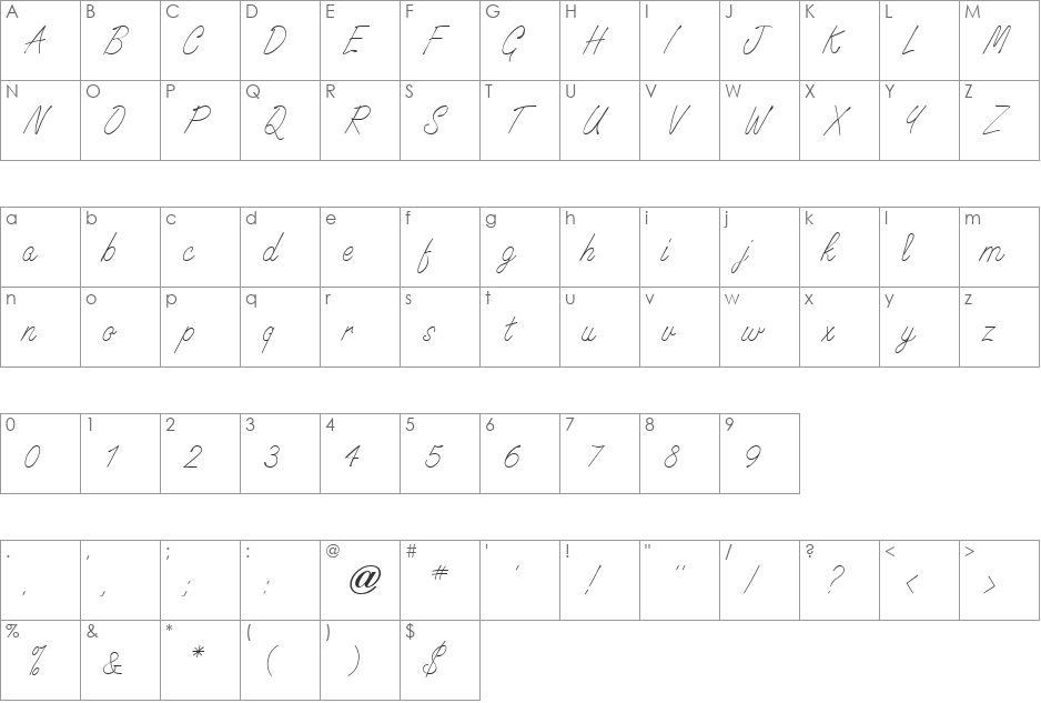 Signature Light font character map preview