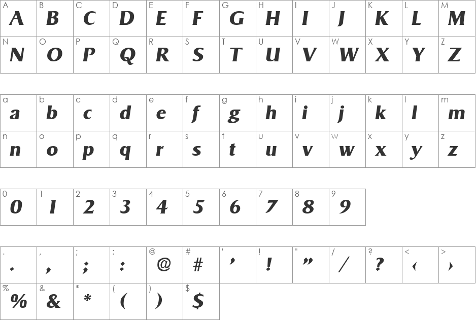 Sigvar-BoldIta font character map preview