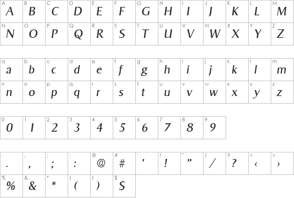 Sigvar-RegularIta font character map preview