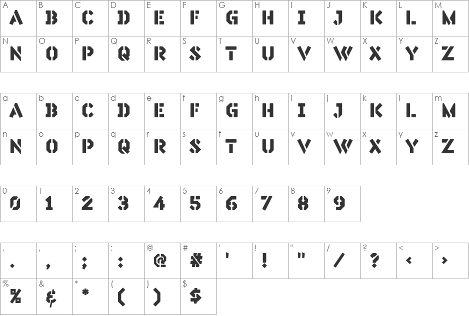 Silex Stencil font character map preview