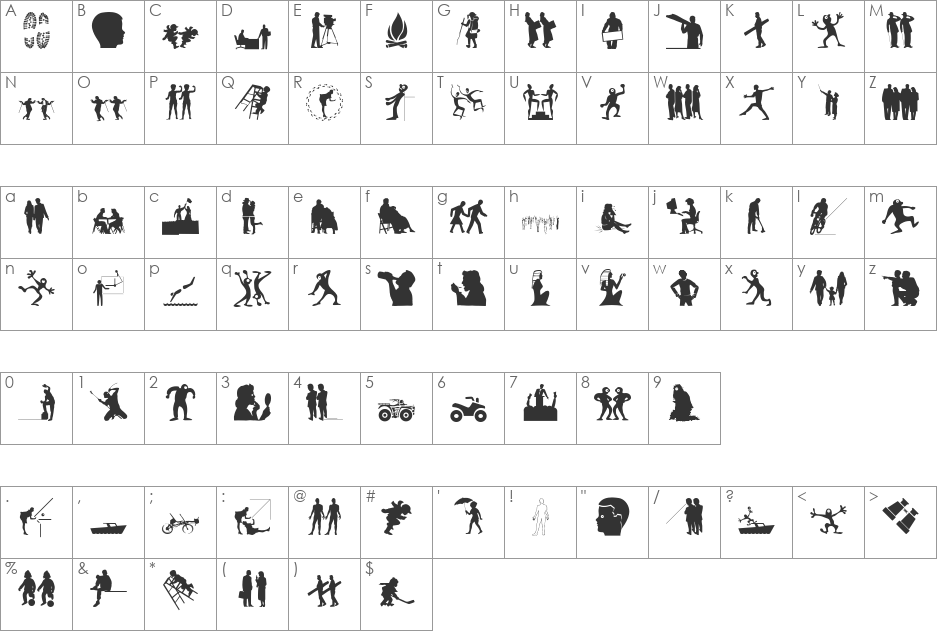 Silhouettes03 font character map preview