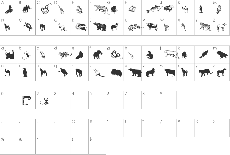 SilhouettesAnimalish font character map preview